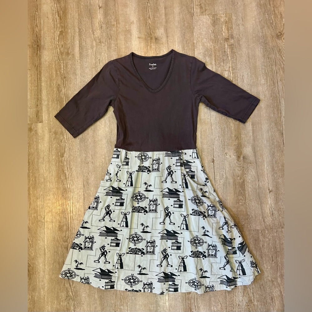 Svaha Twirl Dress Organic Cotton Sleeve Dress Pockets Print SZ 0
